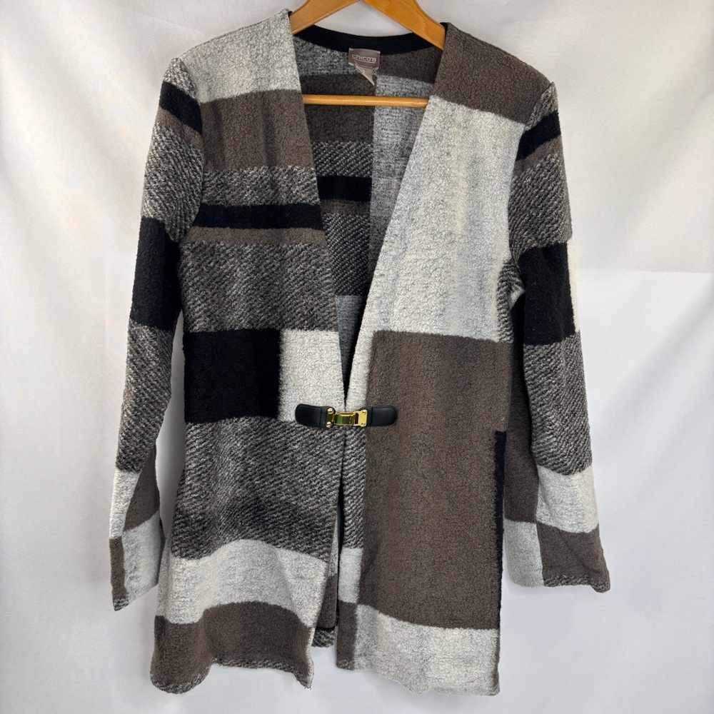 Chico’s Colorblock Buckle Latch Jacket Cardigan Sweater Women's Size 1
